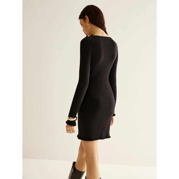 Commense Knit Mini‎ Dress Gold Button Ribbed Long Sleeve Bodycon Cocktail Size M - Picture 5 of 14
